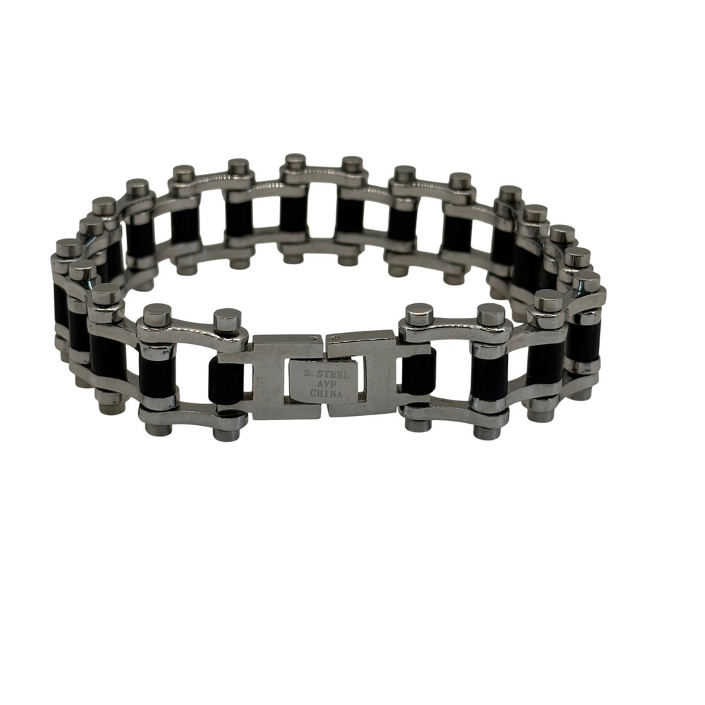 AVF Bike Chain Bracelet Mens 8.5 Inch Silver Black Stainless Steel Heavy Biker